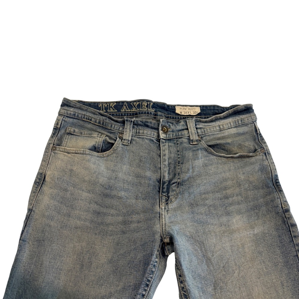 TK Axel Slim Bootcut Blue Jeans Mens 34W x 29L Embroidered Flap Pocket